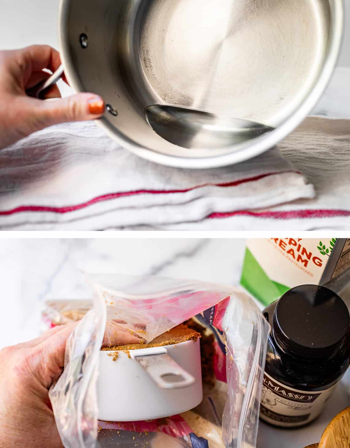 top: a bit of water in a heavy pot, bottom fingers packing brown sugar.