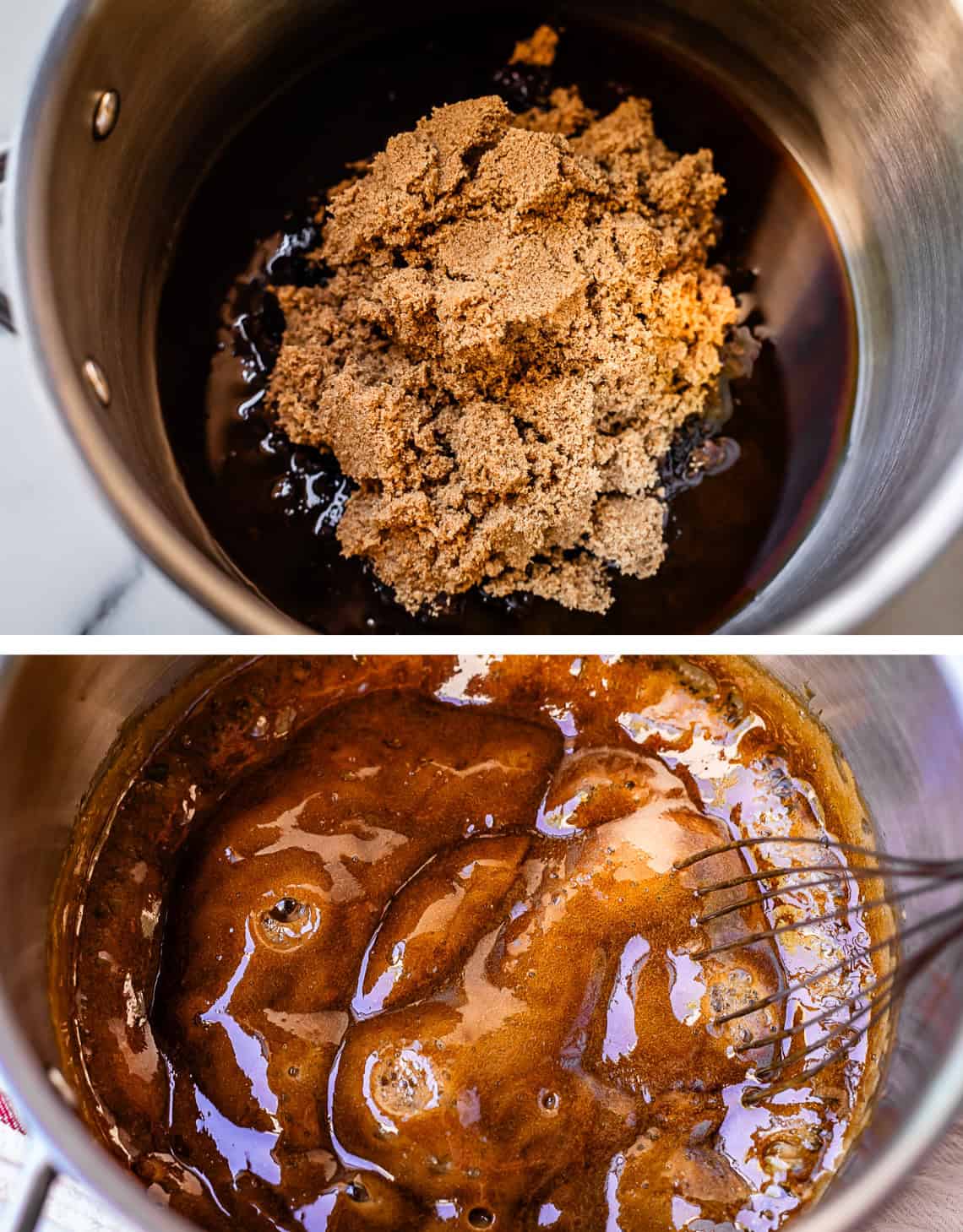 top: brown sugar in pot, bottom flat whisk stirring bubbling caramel.