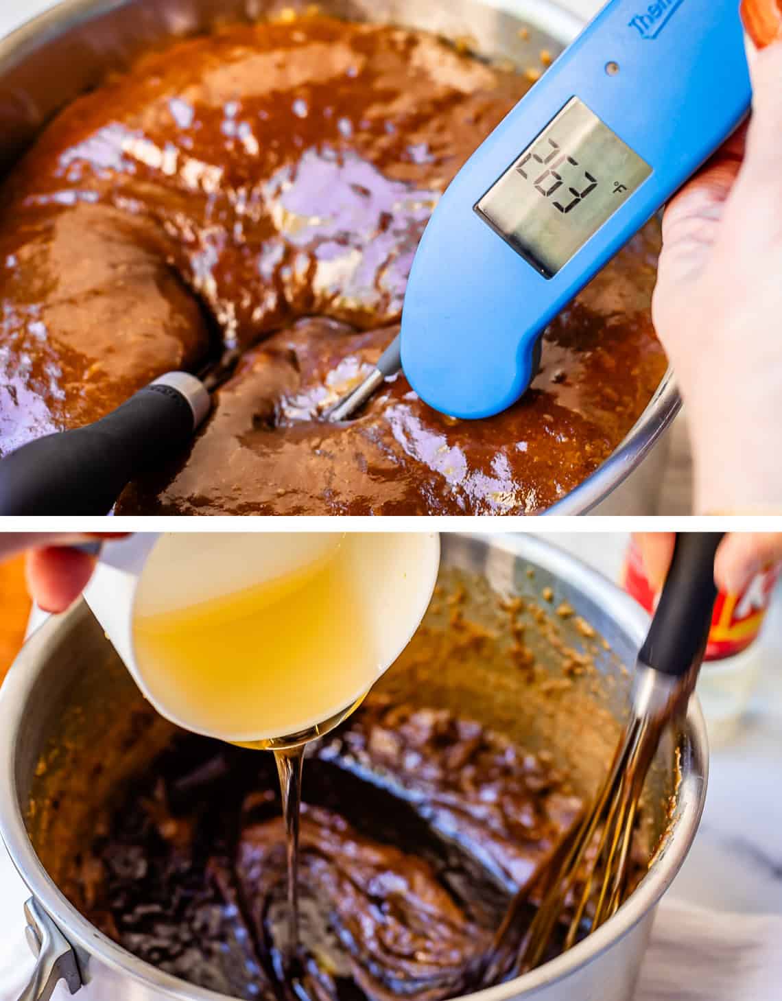 top: instant thermometer reading 263 degrees, bottom corn syrup being poured into pot.