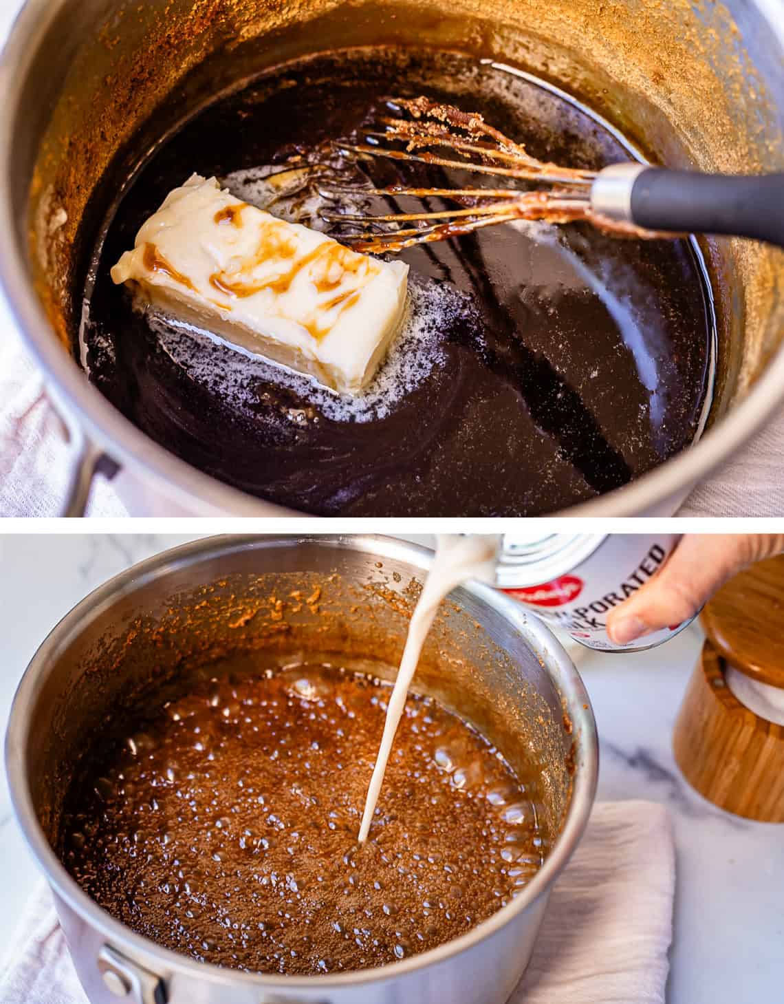 top: butter added to pot with flat whisk in it, bottom: hand pouring evaporated milk in pot.
