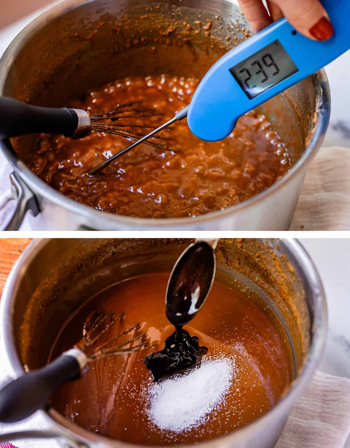 top instant thermometer showing 239 degrees, bottom adding salt and vanilla.