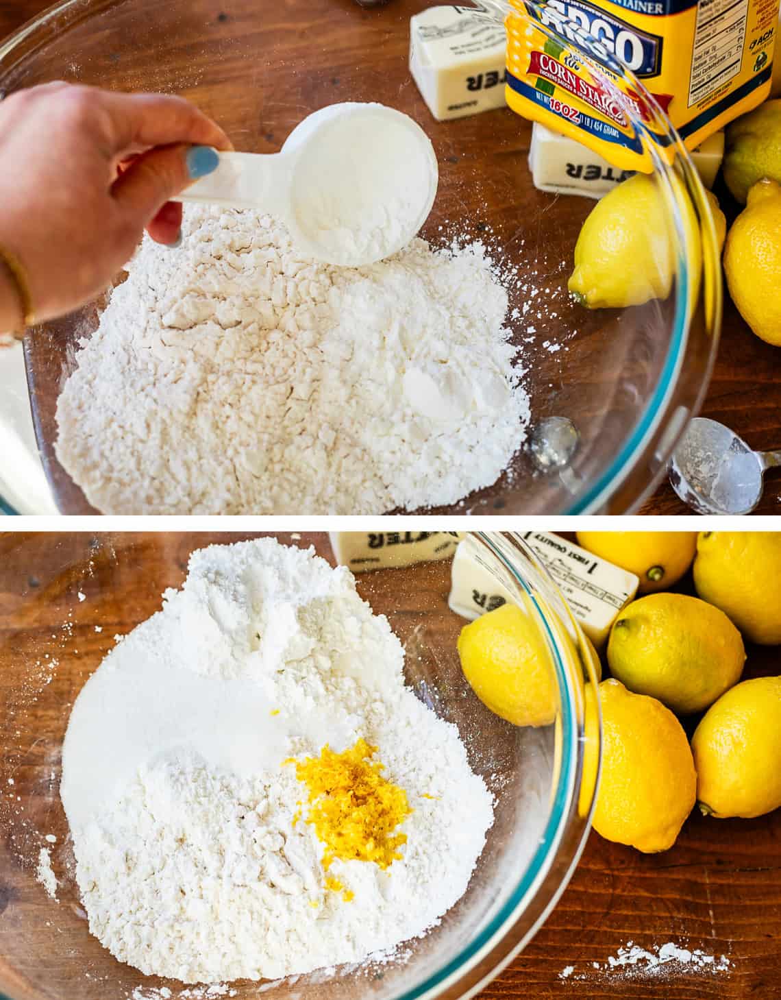 top: hand pouring cornstarch from a measuring cup into bowl, bottom rest of crust ingredients.