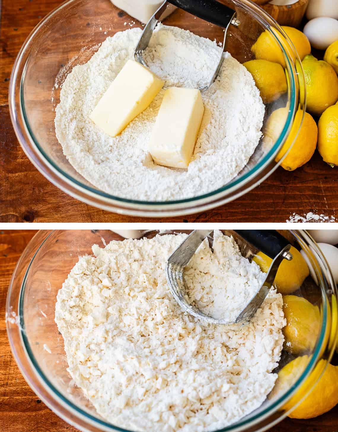 top: glass bowl with butter and dry ingredients, bottom: pastry cutter cutting butter in.