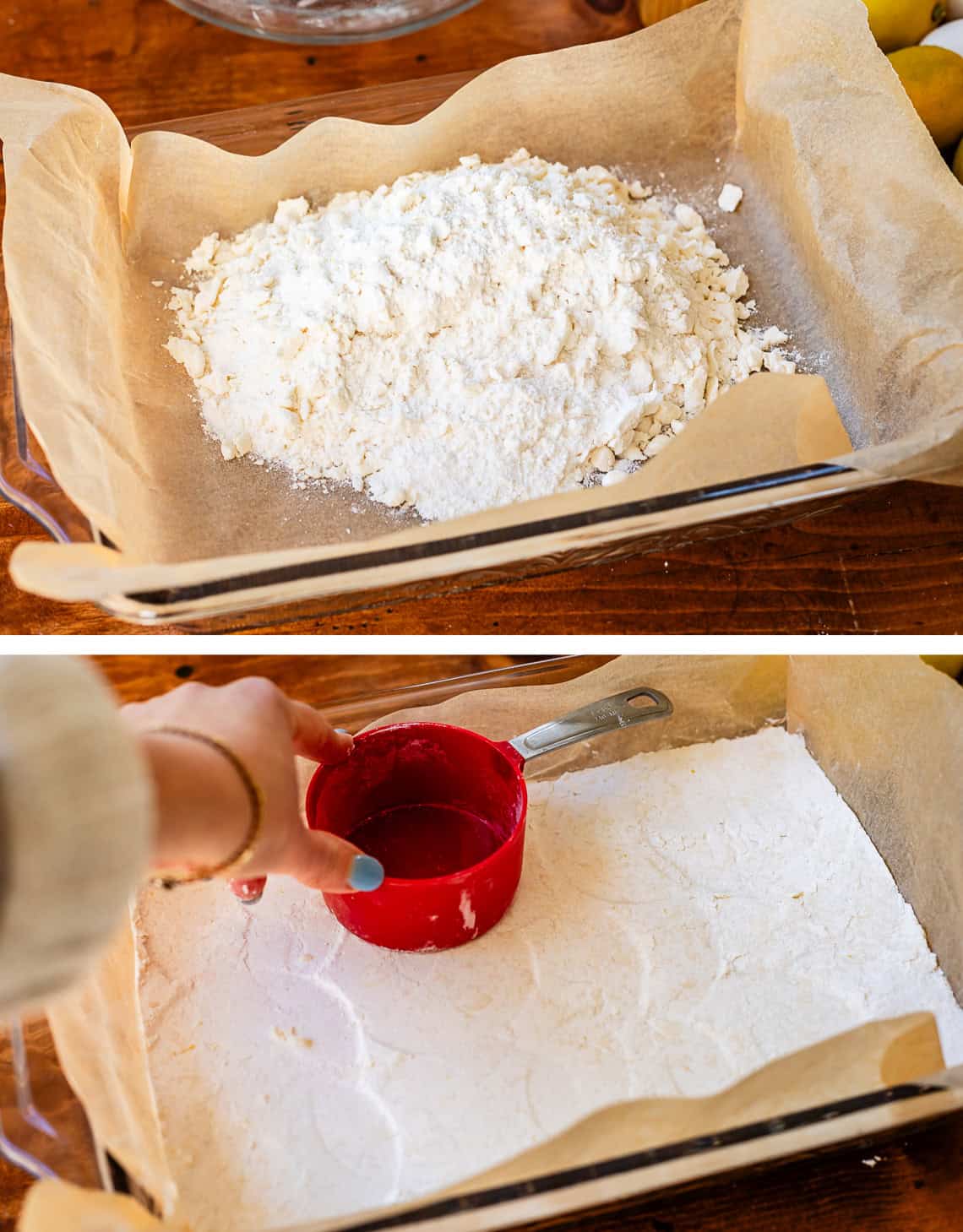 top: crust mixture in lined 9x13 pan, bottom: hand using a measuring cup to press crust.