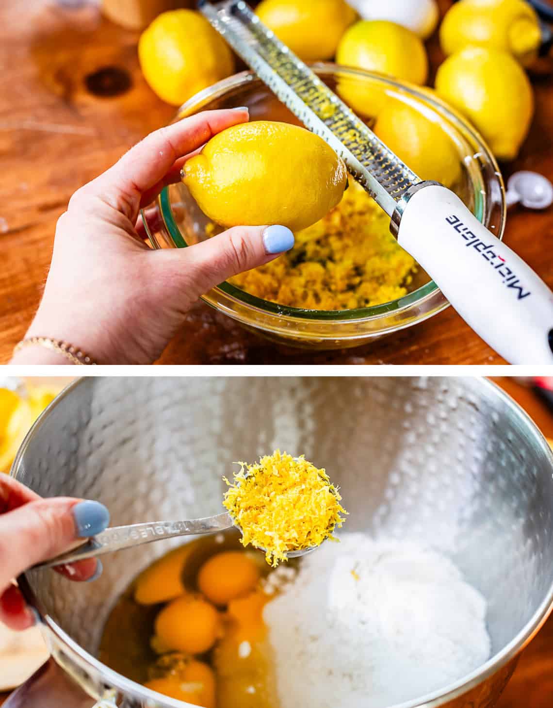 top zester zesting a lemon being held by a hand, bottom: tablespoon of zest over mixing bowl.