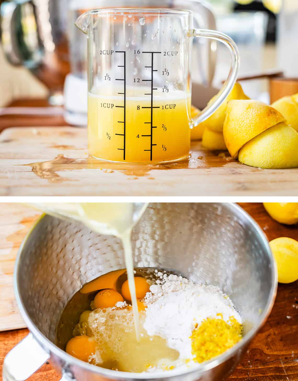 top: measuring cup with just over 1 cup lemon juice, bottom: lemon juice pouring into mixer.