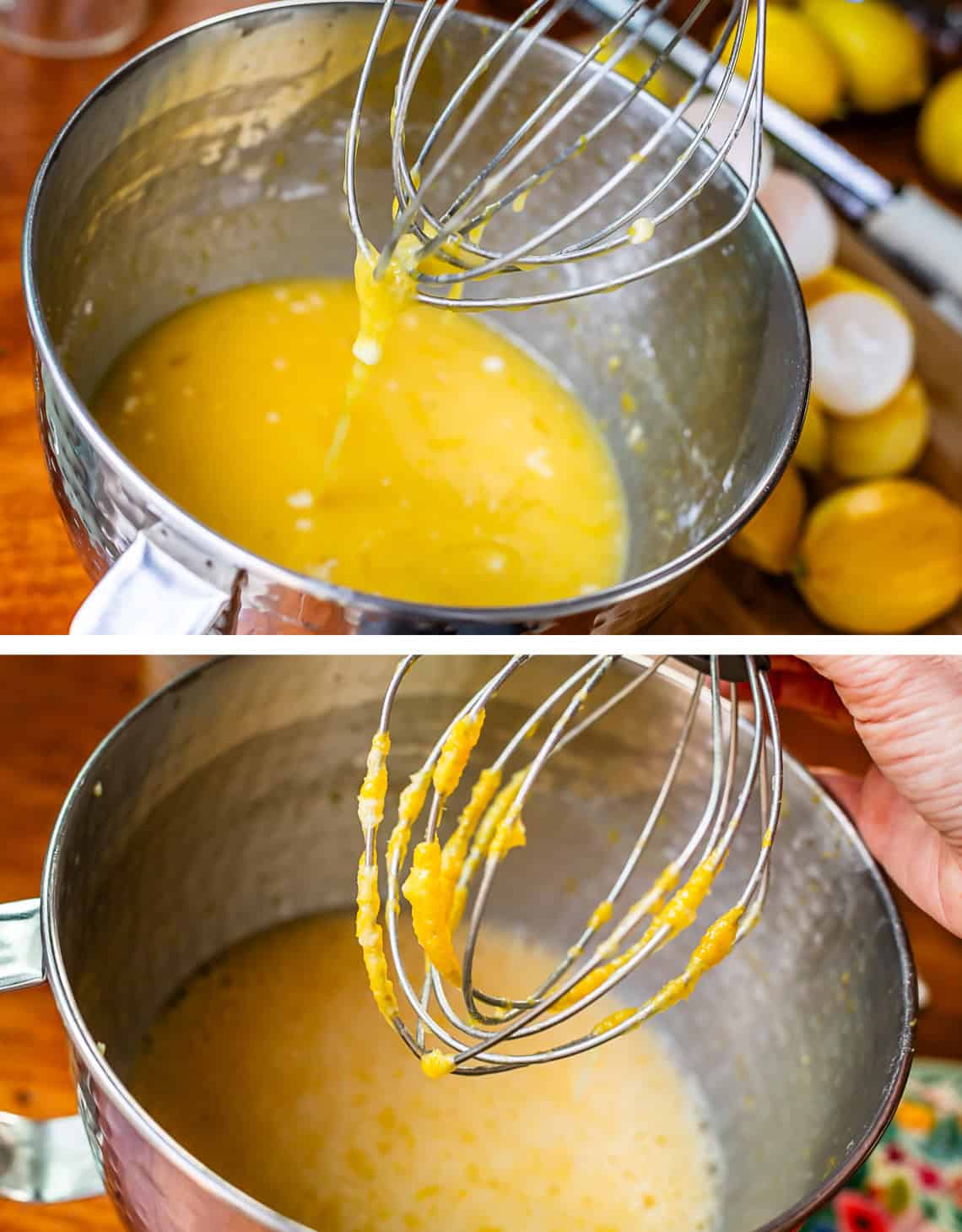 top: whisk showing eggyness in the filling, bottom lemon zest caught on whisk spokes.