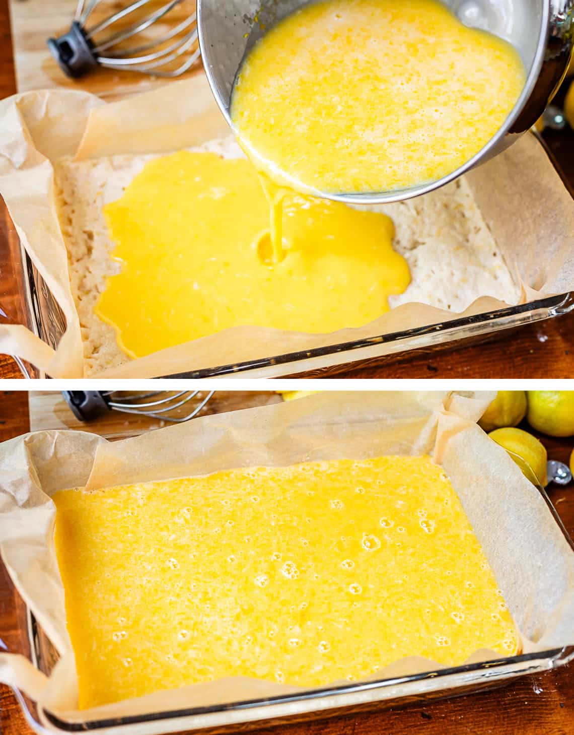 top: pouring custard filling over crust, bottom: filling on crust ready to be baked.