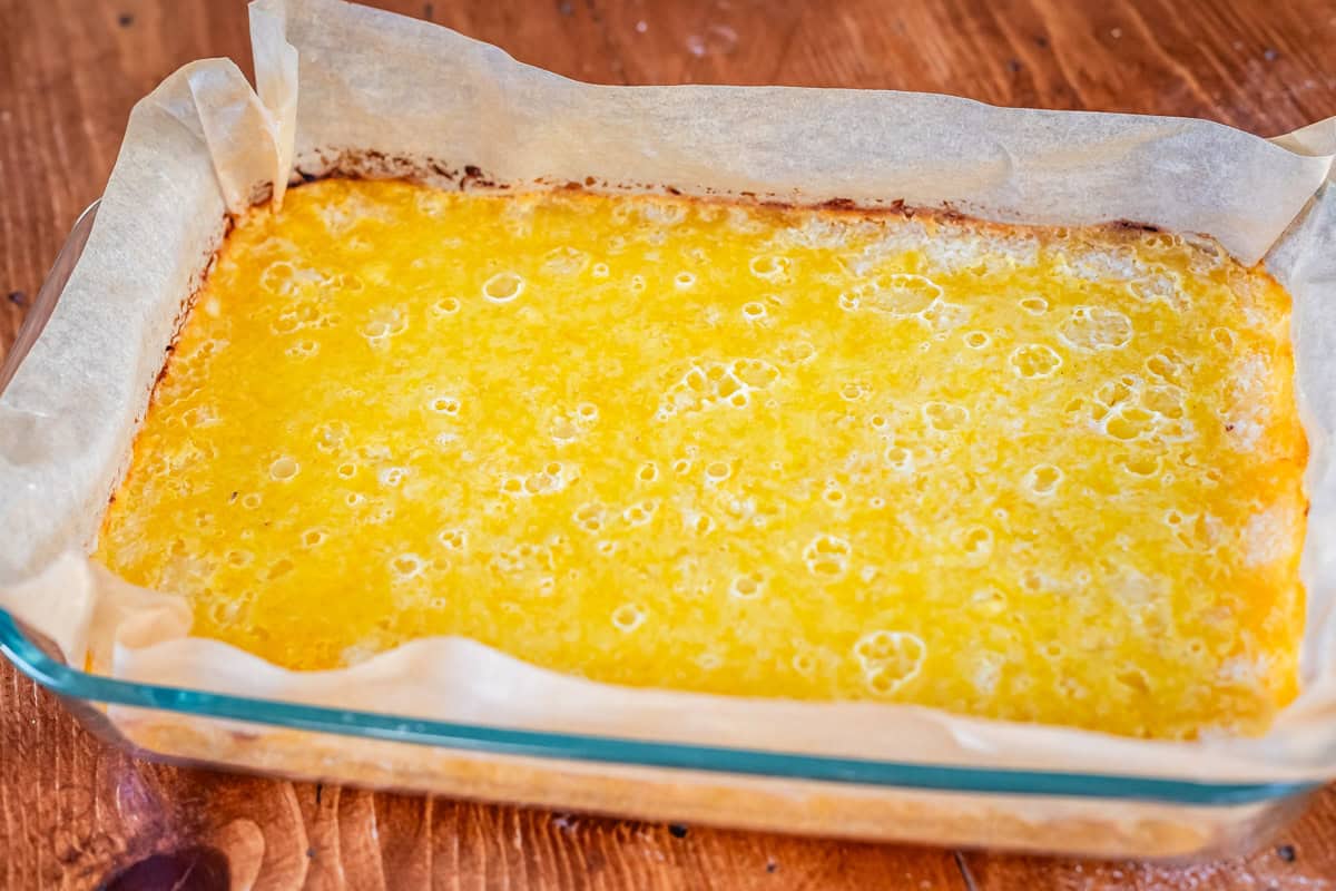 cooked lemon bars whole in a 9x13 pan lined with parchment paper.