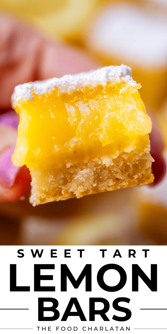 pinterest image of lemon bars with text "sweet tart lemon bars".