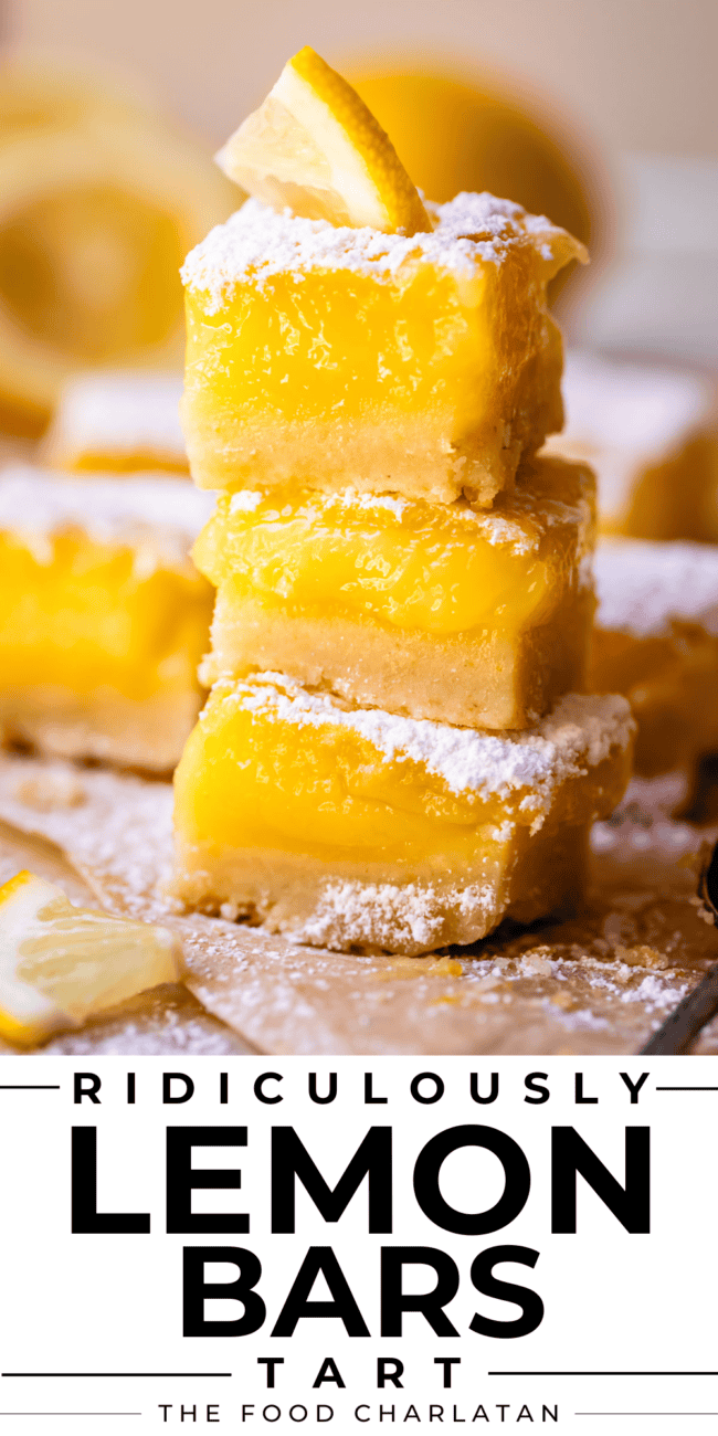 pinterest image of stack of three lemon bars with text "ridiculously tart lemon bars".