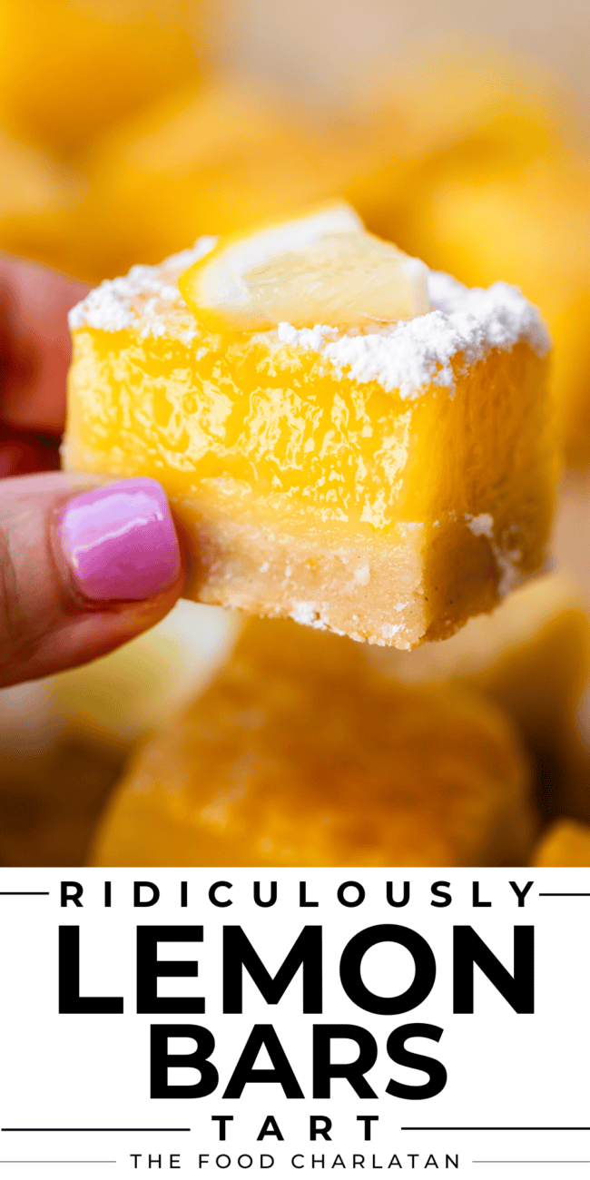 pinterest image of lemon square with text "ridiculously tart lemon bars".