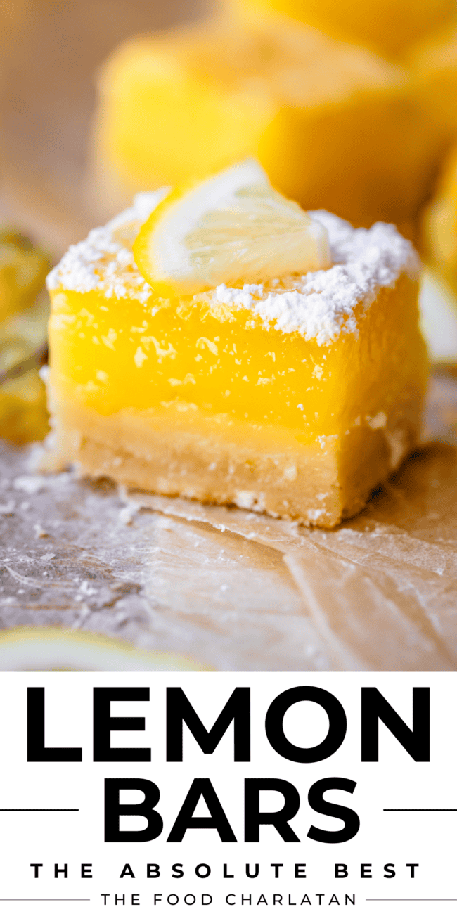 pinterest image of lemon bar with text "lemon bars the absolute best".