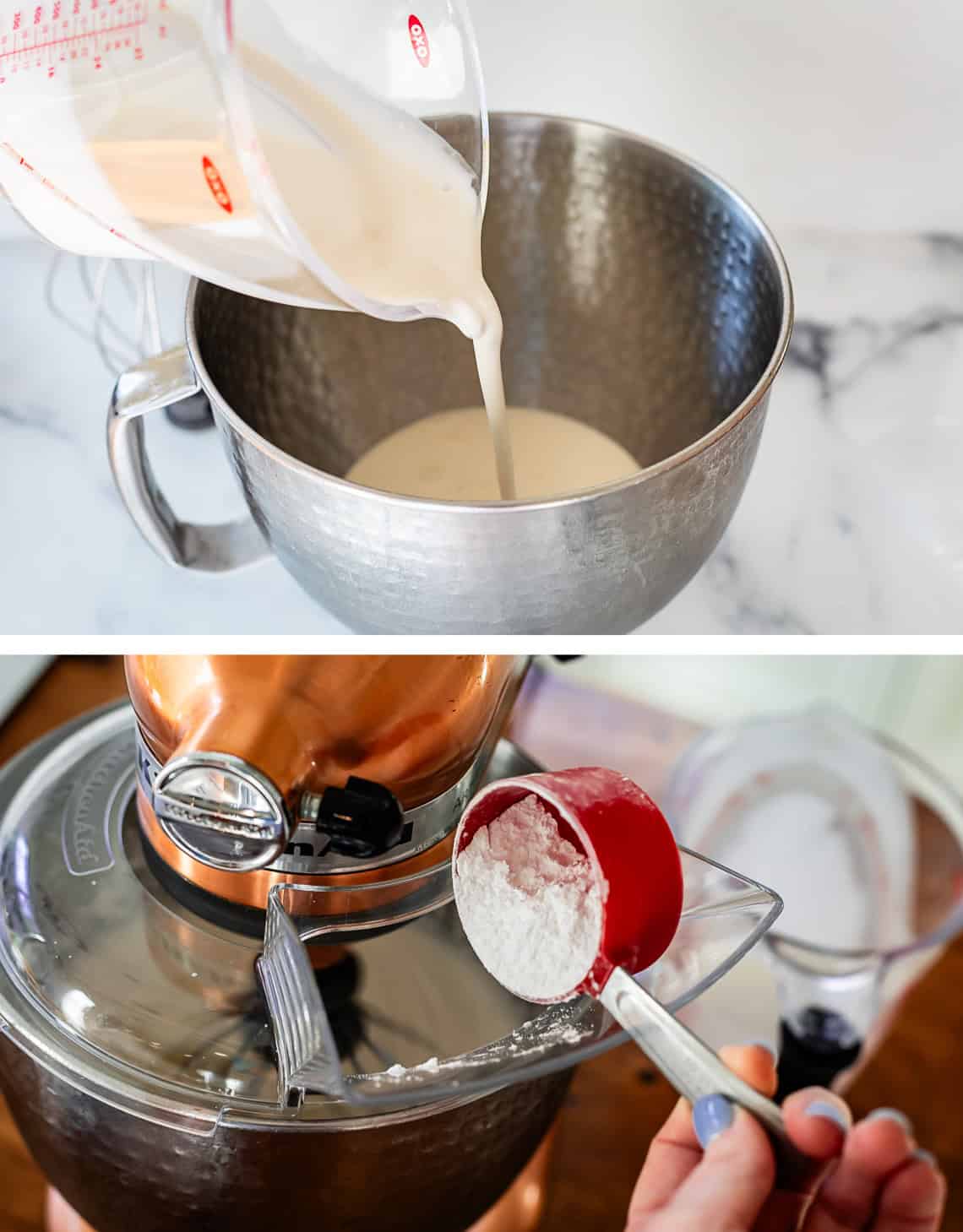 cream pouring from measuring cup into mixing bowl, bottom: adding powdered sugar.
