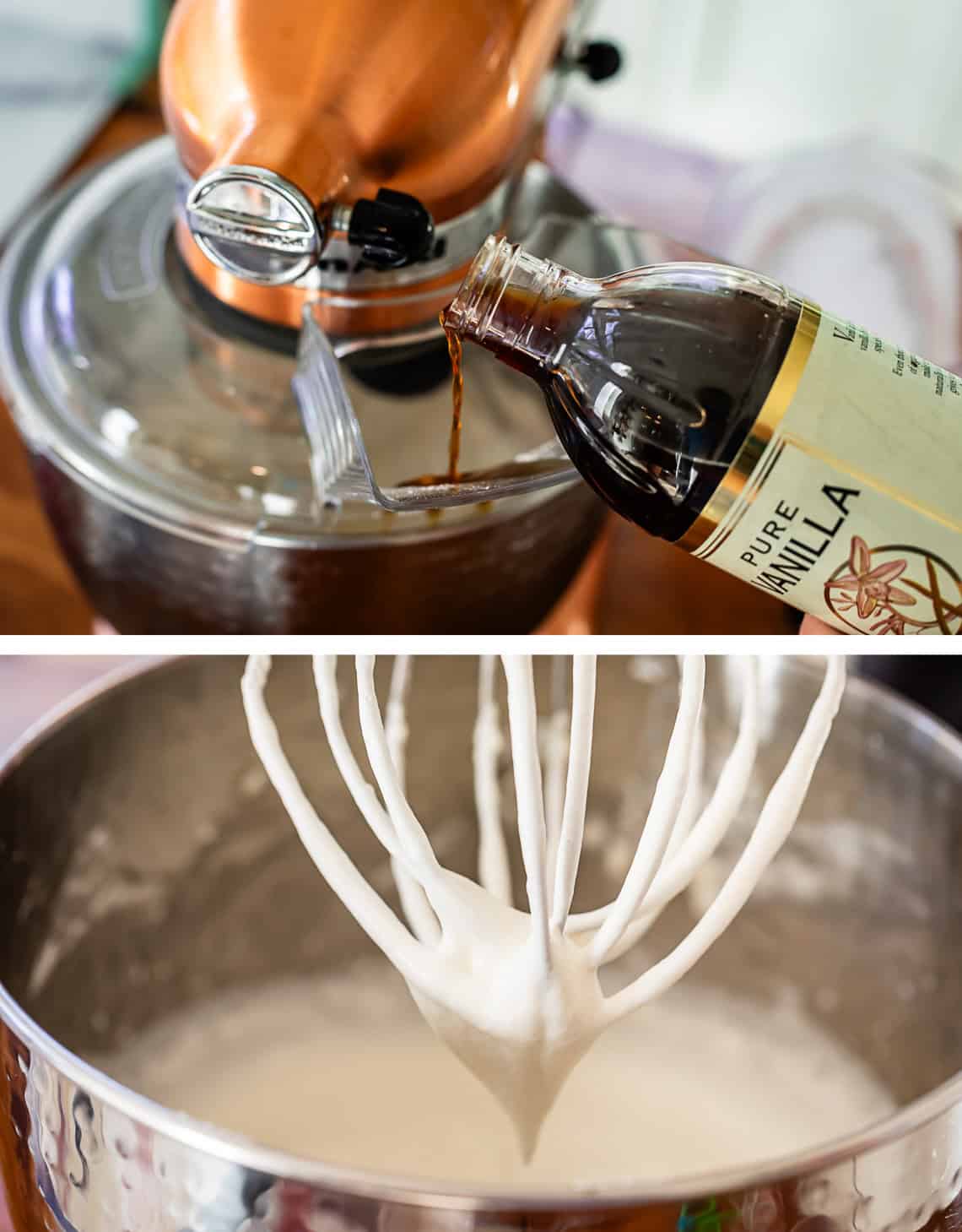 top: vanilla pouring from a bottle into bowl, bottom: whisk with barely coming together cream.
