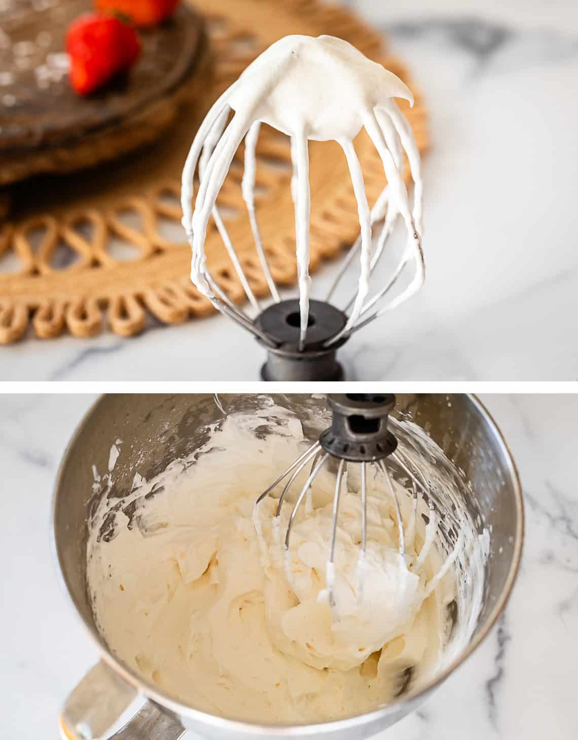 top: soft peak on a whisk attachment, bottom: whisk in mixing bowl showing stiff.