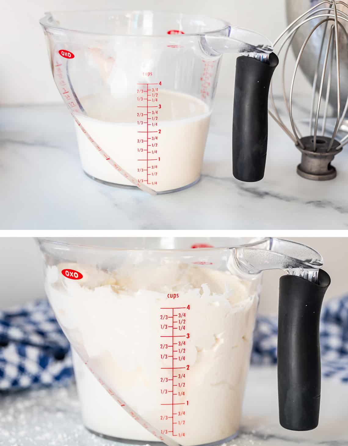top: liquid heavy whipping cream measuring about 2 cups, bottom: whipped now measuring 4.