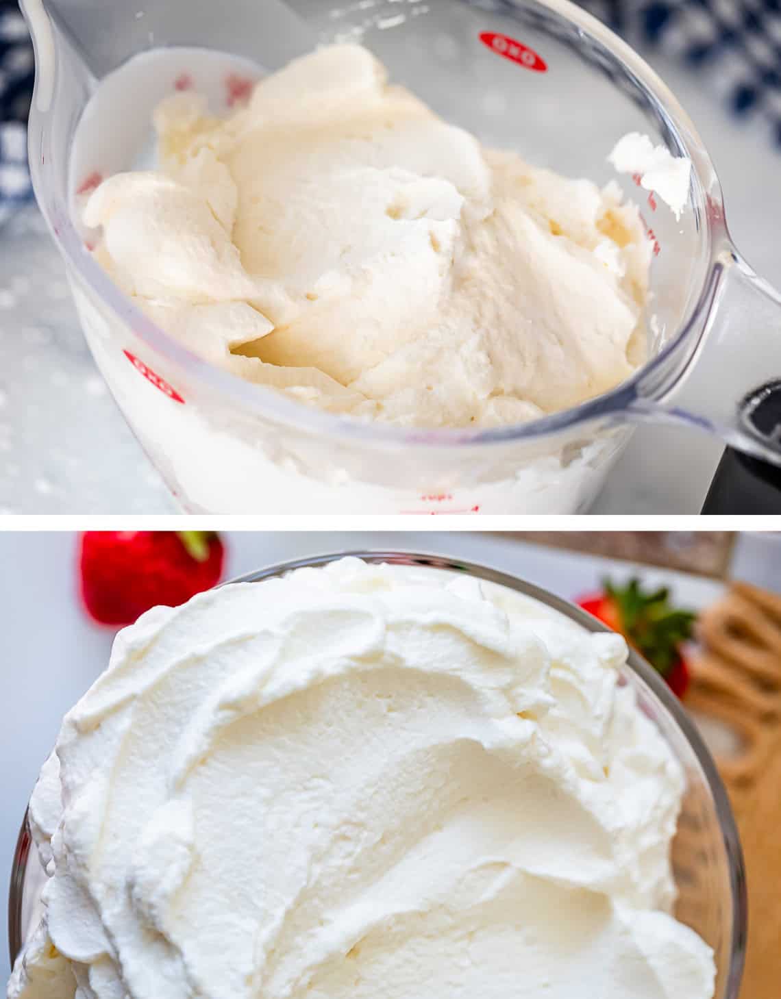 top: whipped cream in liquid measuring cup, bottom: whipped cream in glass bowl.