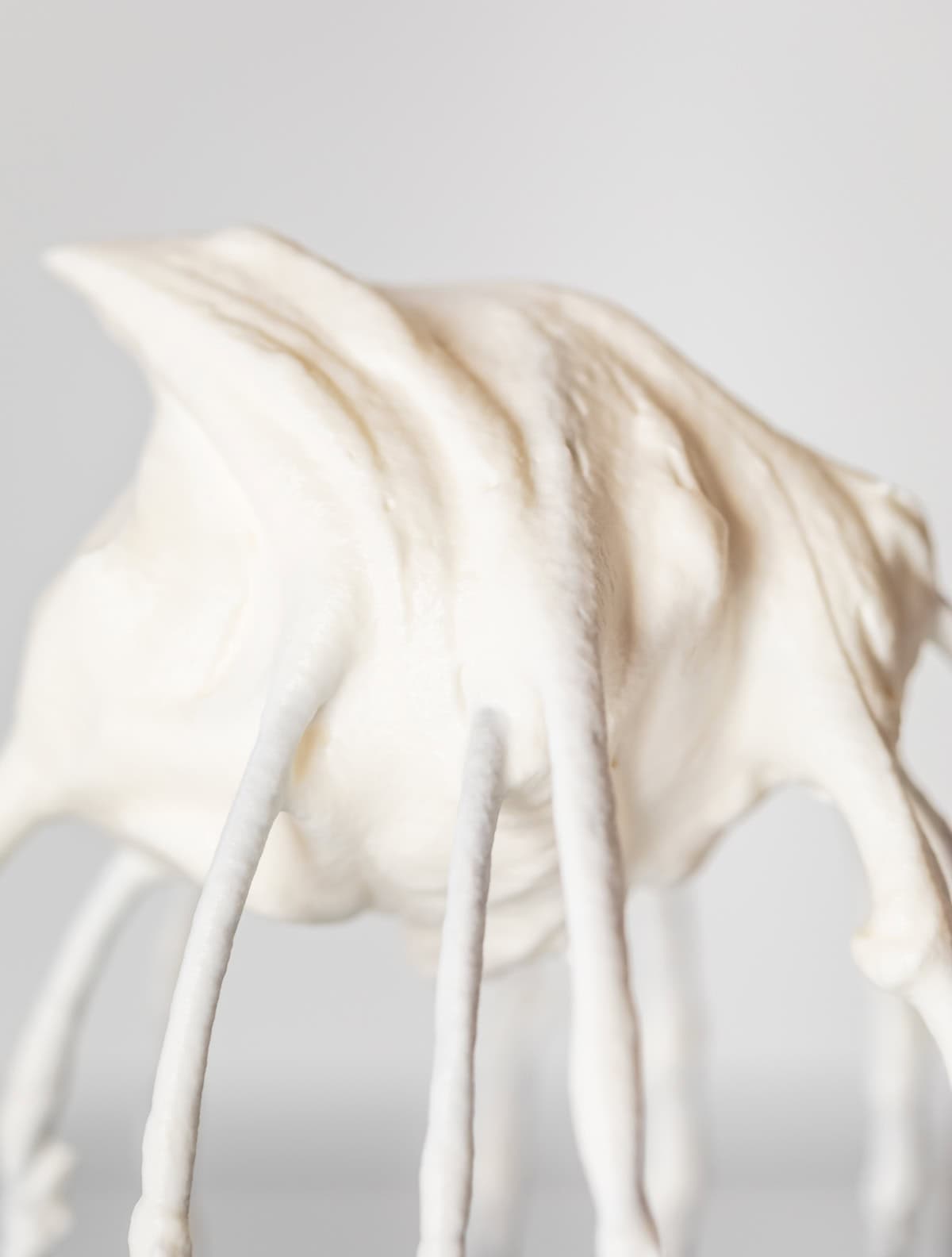 close up of whipped cream in a stiff peak on a whisk attachment.