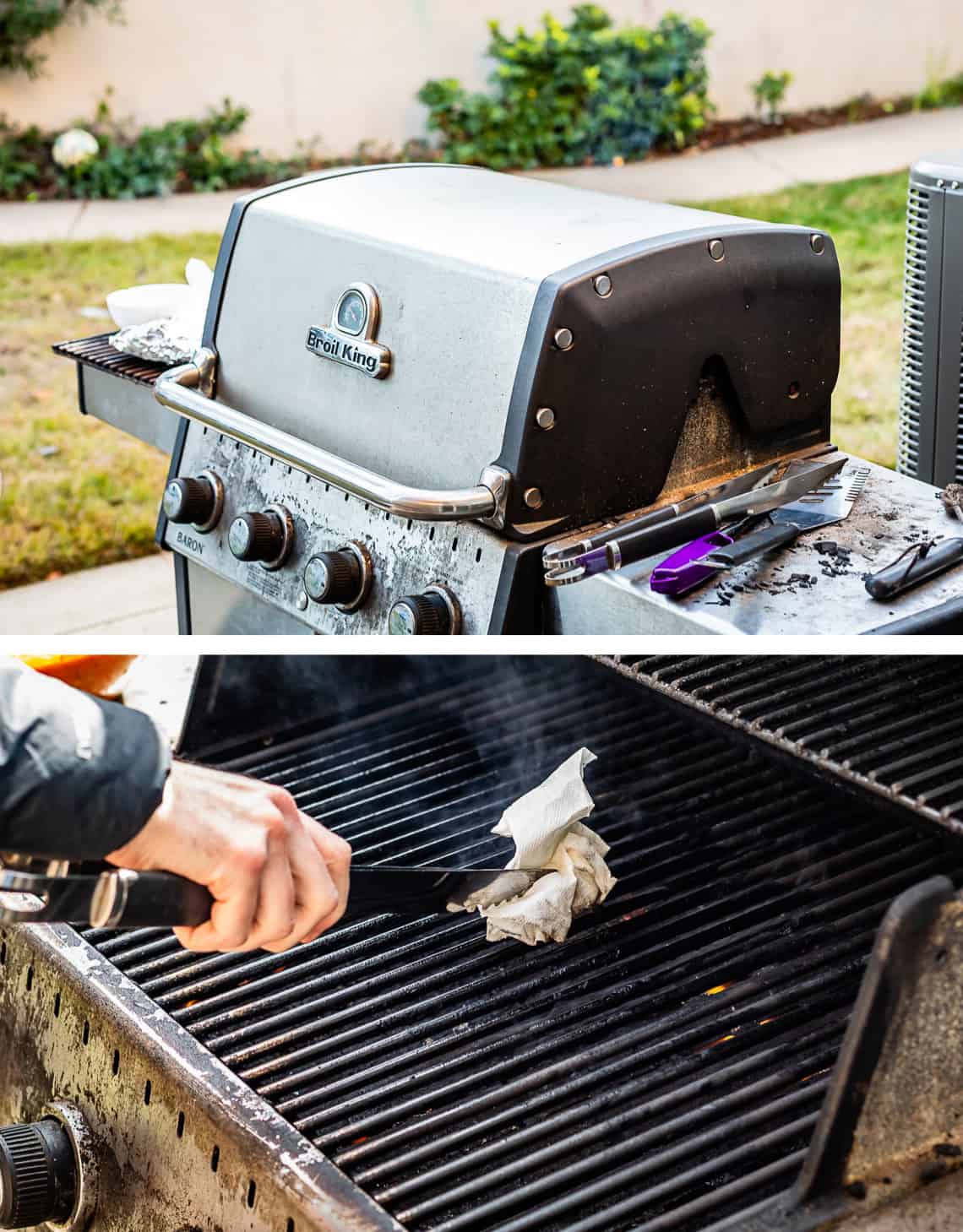 top: gas grill, bottom: tongs with an oil dampened paper towel greasing grate.