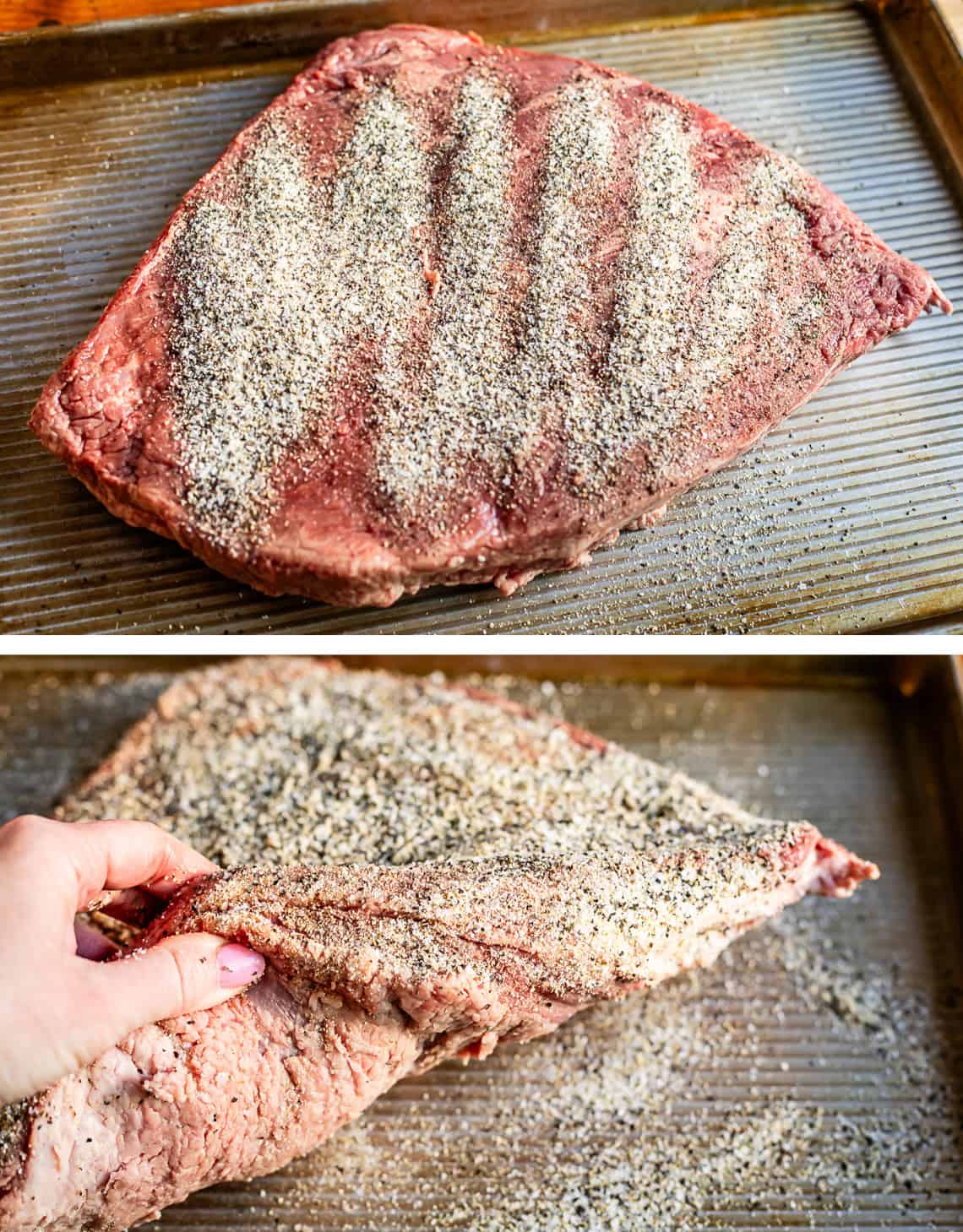 top: dry brine sprinkled over top the brisket, bottom: hand moving brisket to get brine everywhere.