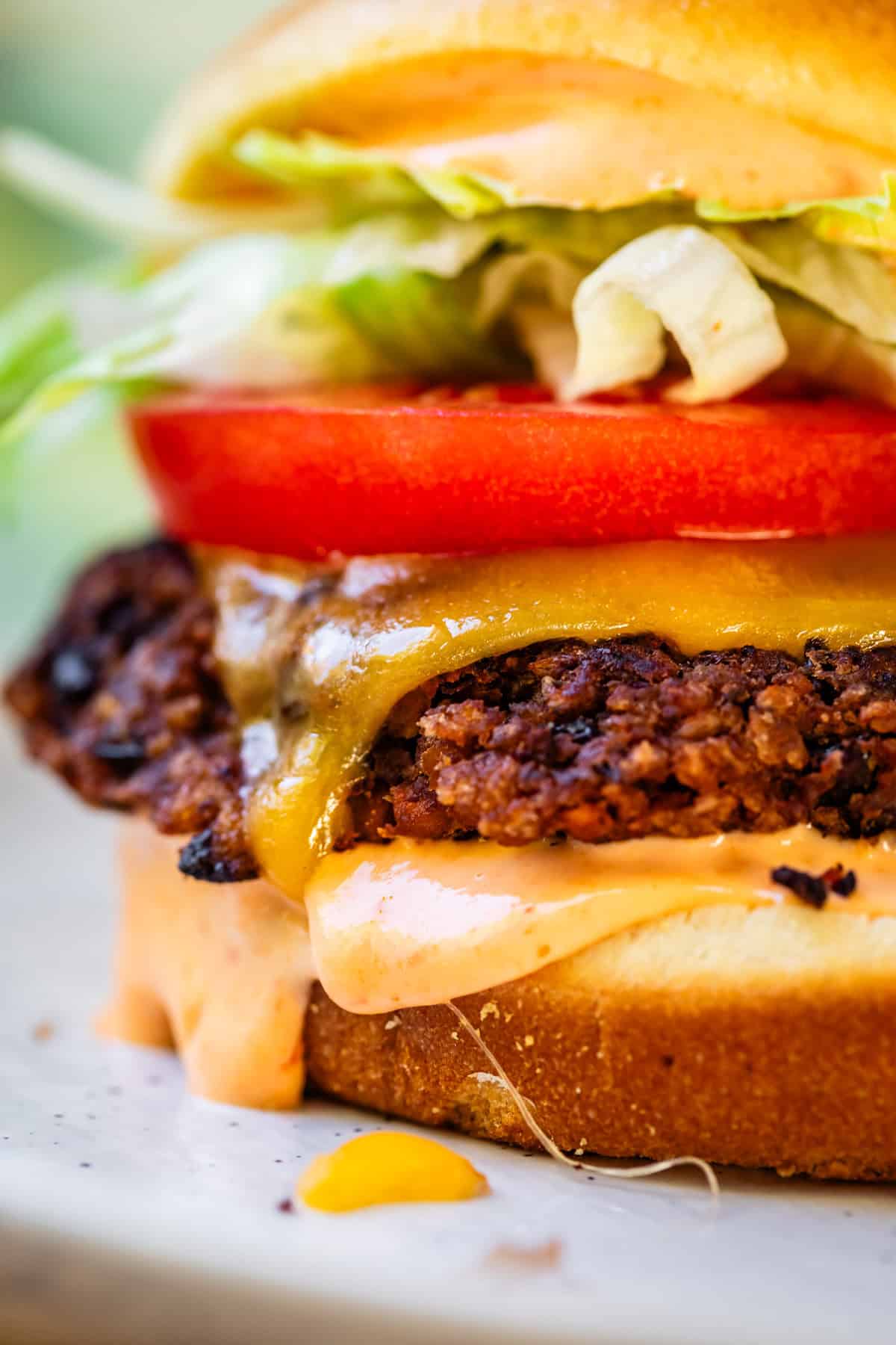 black bean burger shot from close up on a bun with veggies and cheese. 