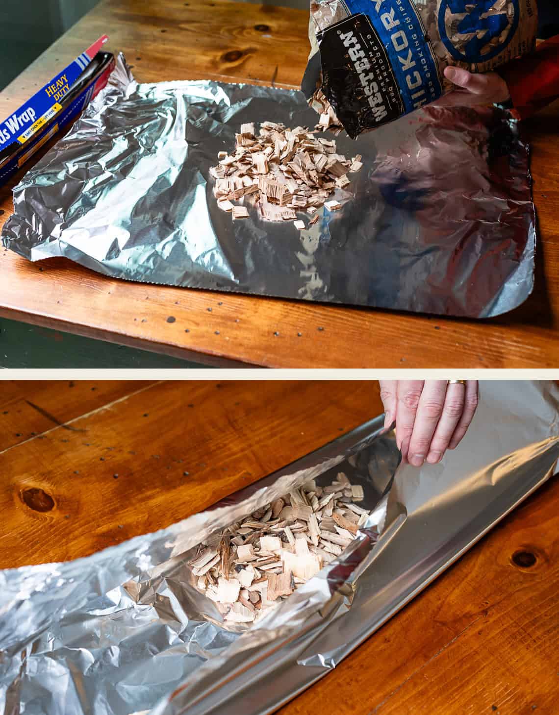 top: hickory wood chips pouring from a bag onto foil, bottom: pulling tops over to make pouch.