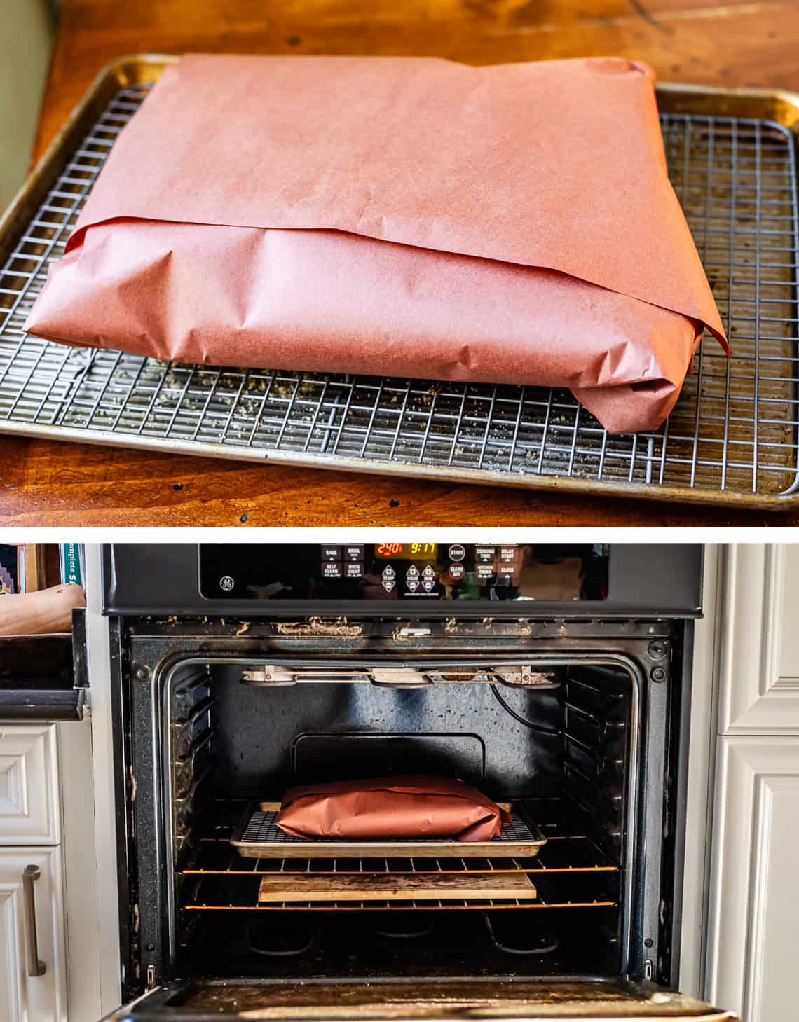 top: fully wrapped brisket on rack on sheetpan, bottom: pan on rack in lower two thirds of oven.