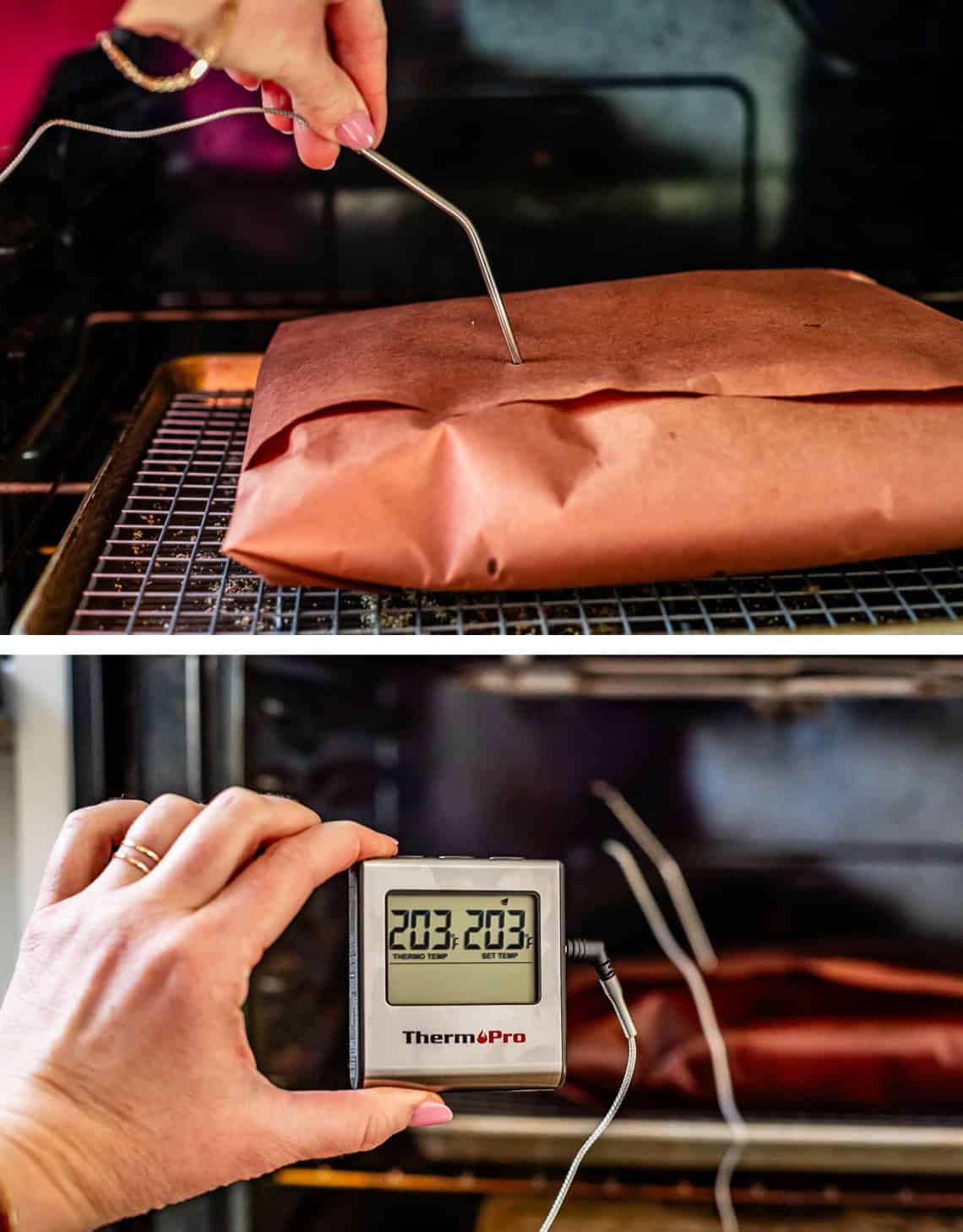top: hand inserting a thermometer probe into paper wrapped brisket, bottom showing 203 degrees.