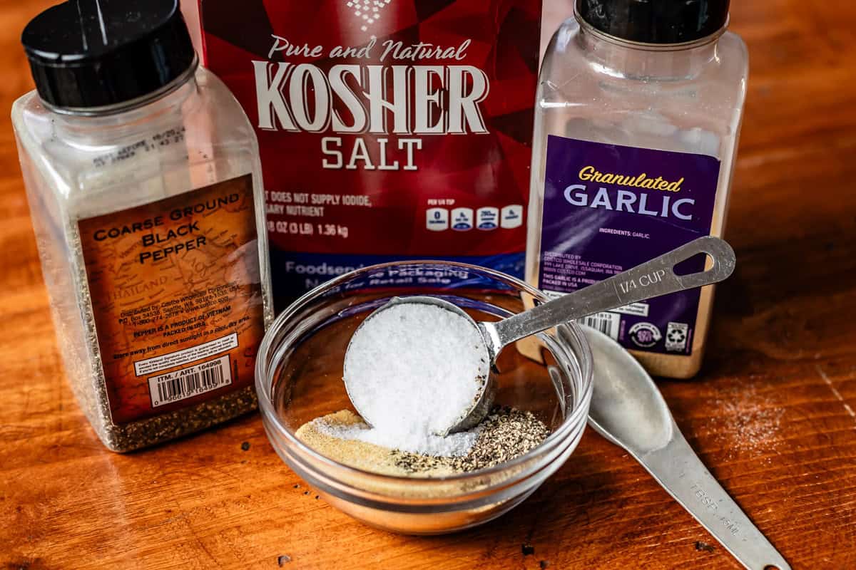 ingredients picture for dry brine - kosher salt, coarse black pepper, granulated garlic.