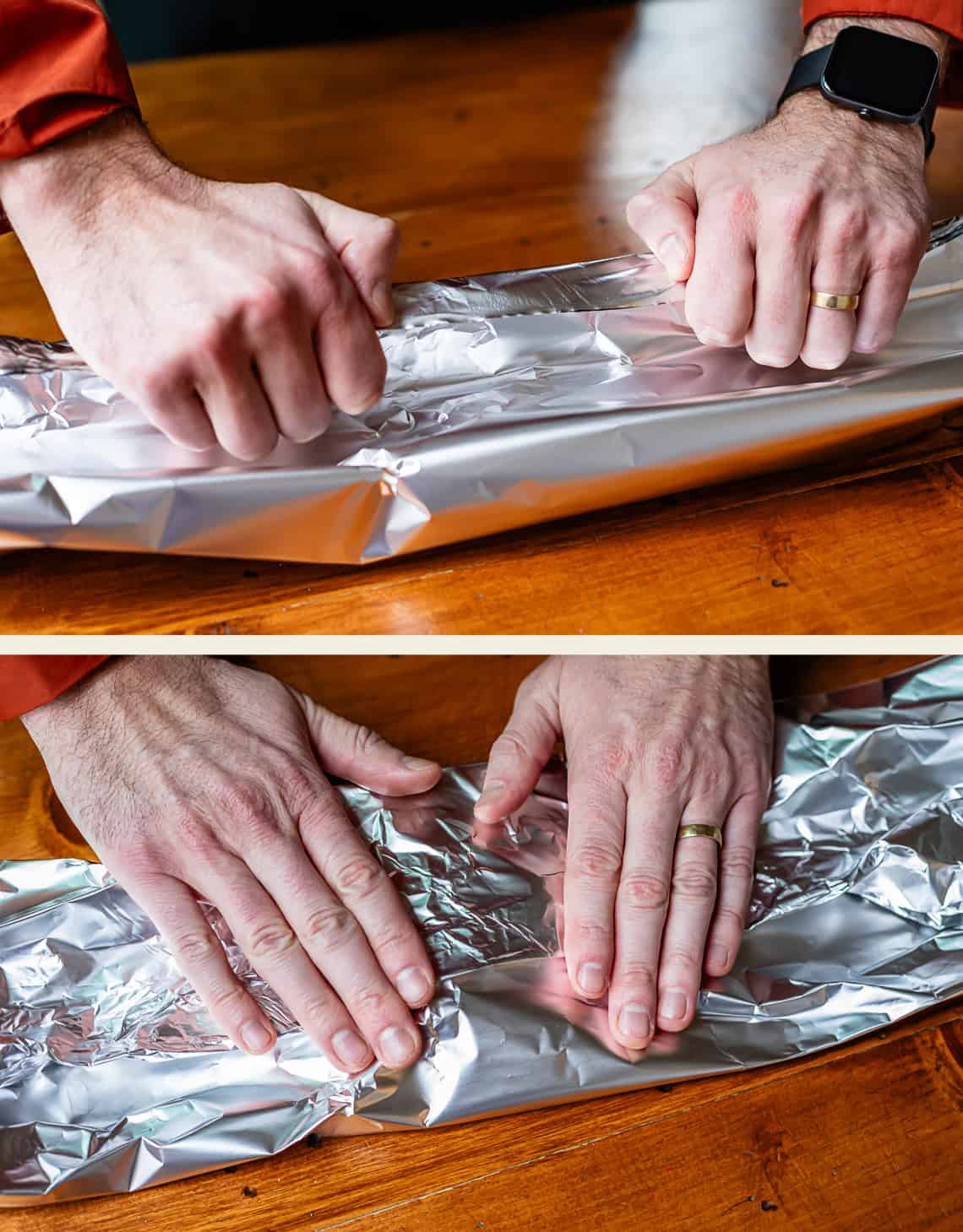 hands folding aluminum foil around hickory wood chips to make a smoking pouch.