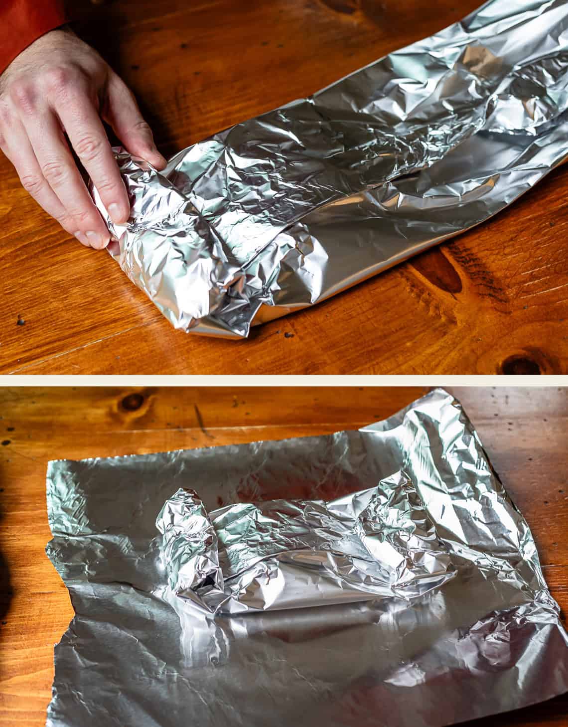 hands folding aluminum foil around hickory wood chips to make a smoking pouch.