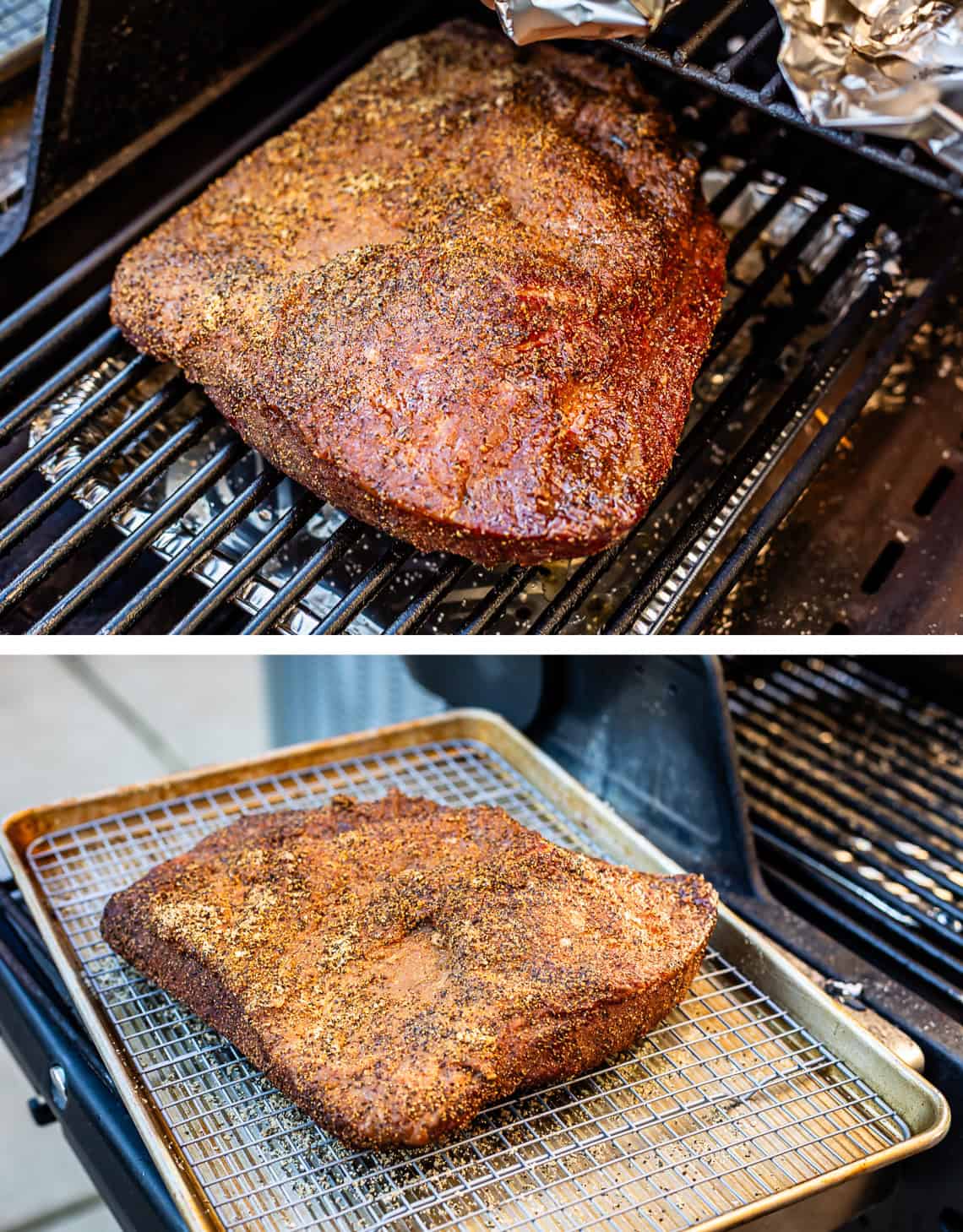 top: brisket sitting on grill grate, bottom: brisket removed to rack on baking sheet.