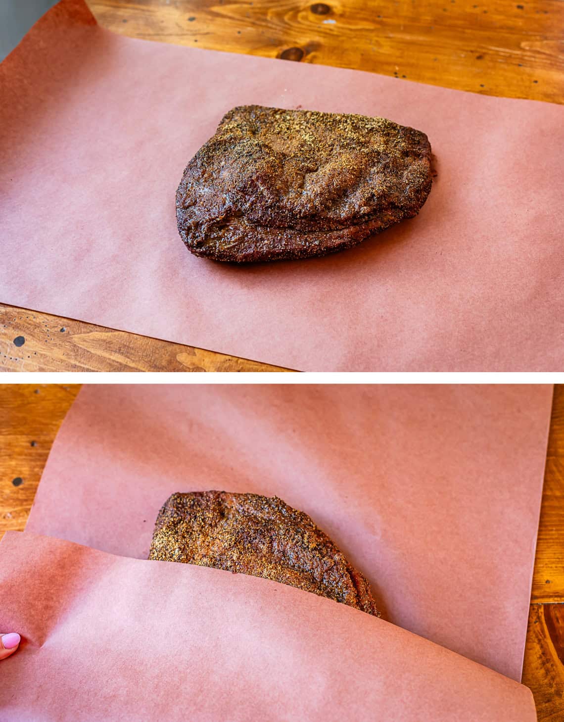 top: smoked brisket sitting on butcher paper to be wrapped, bottom: first fold of paper over brisket.