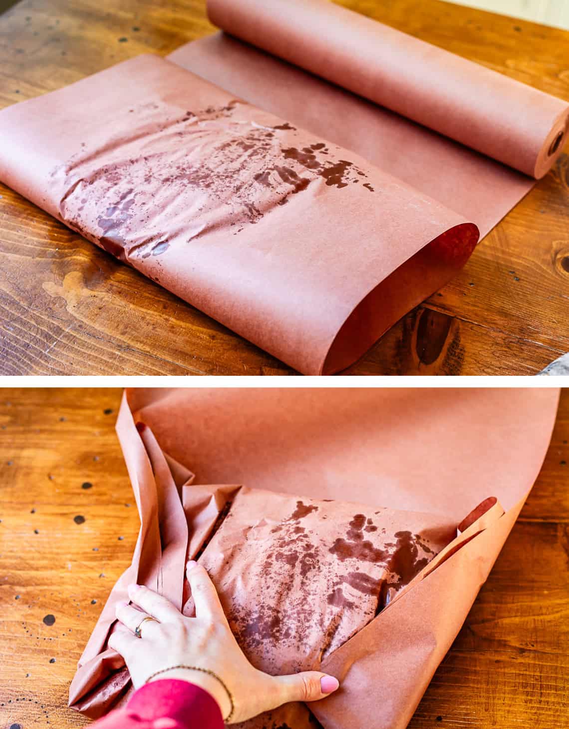 top and bottom: hands showing how to wrap the smoked brisket in butcher paper for the oven.