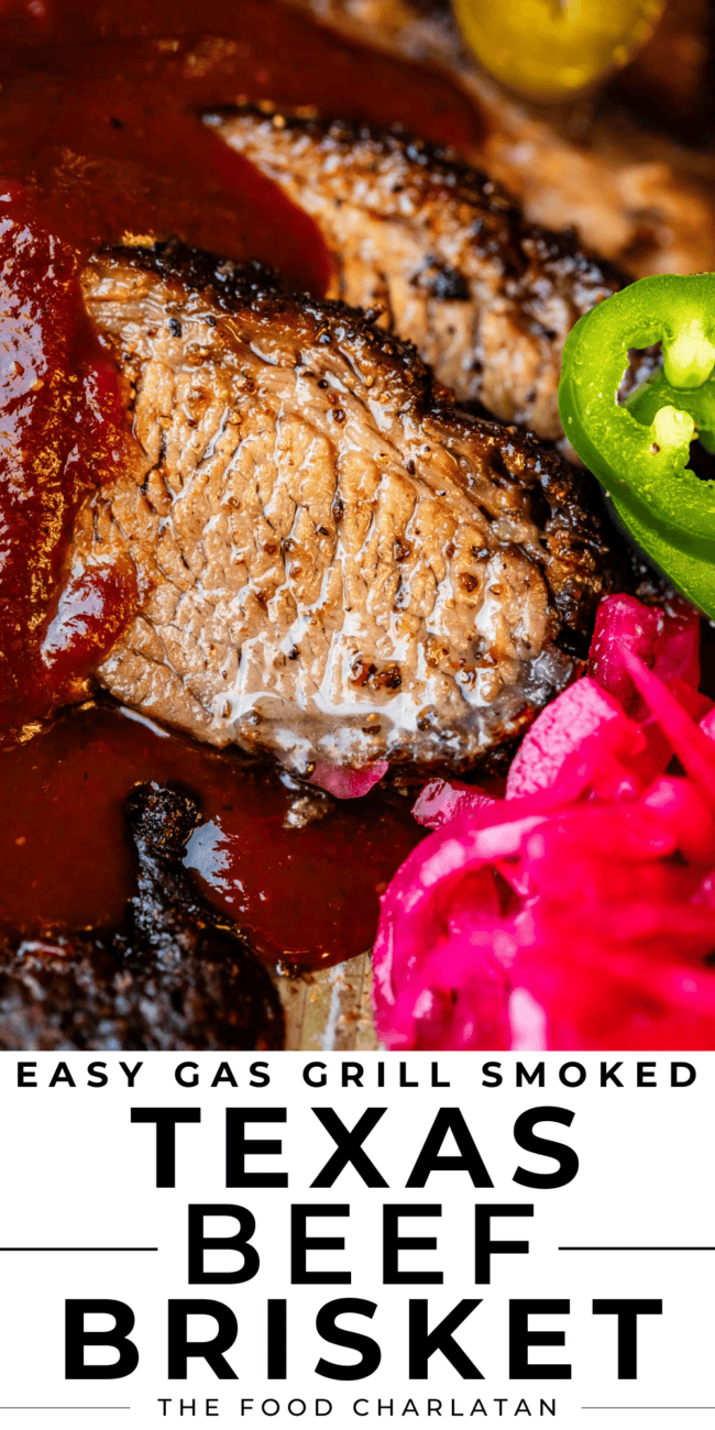 slice of brisket with sauce and pickled onions.