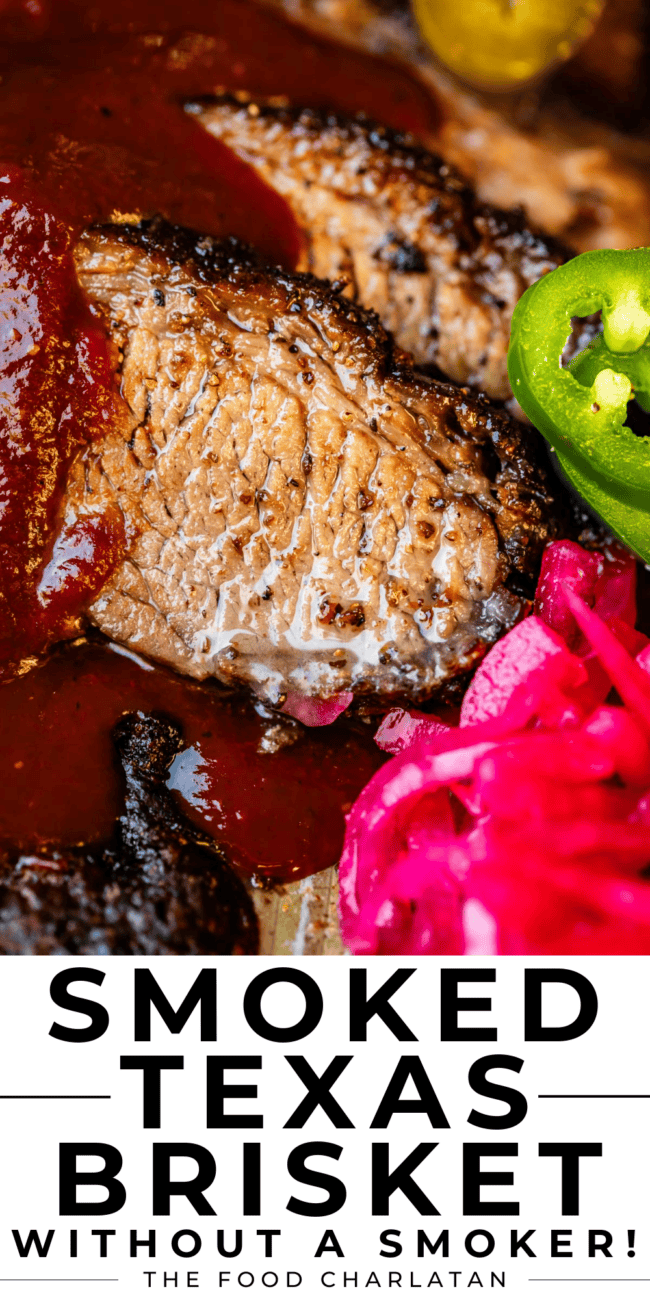 brisket on a plate with pickled onions and jalapeno.