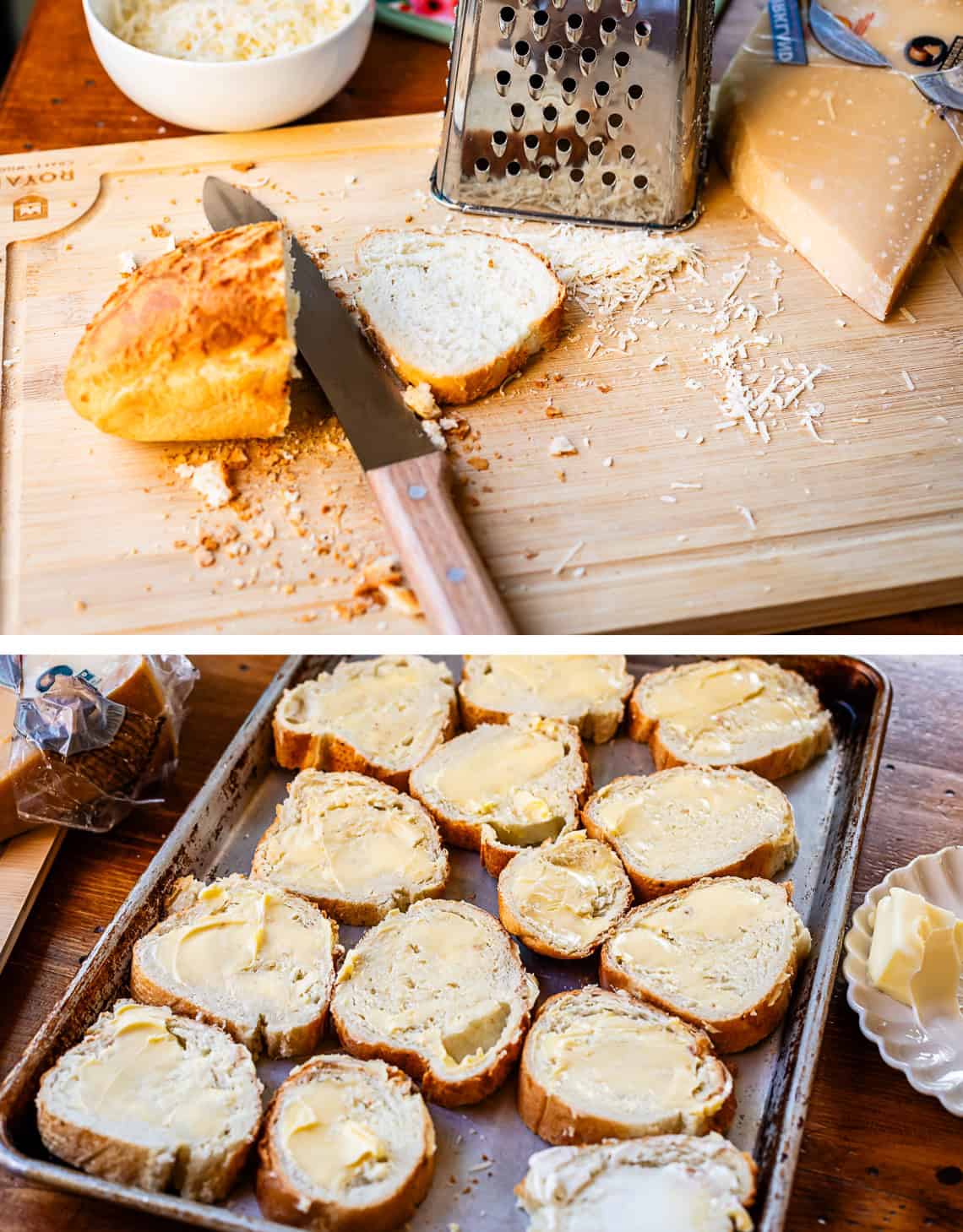 top: knife cutting bread on cutting board; bottom: buttered bread slices on baking sheet.