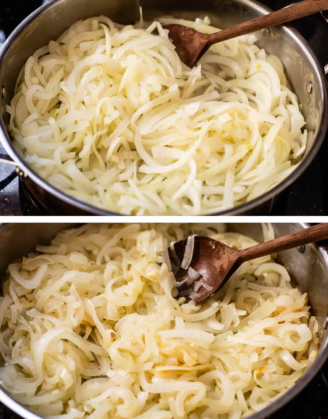 top: sautéing onions in pan, bottom: barely starting to cook onions stirred with wooden spoon.