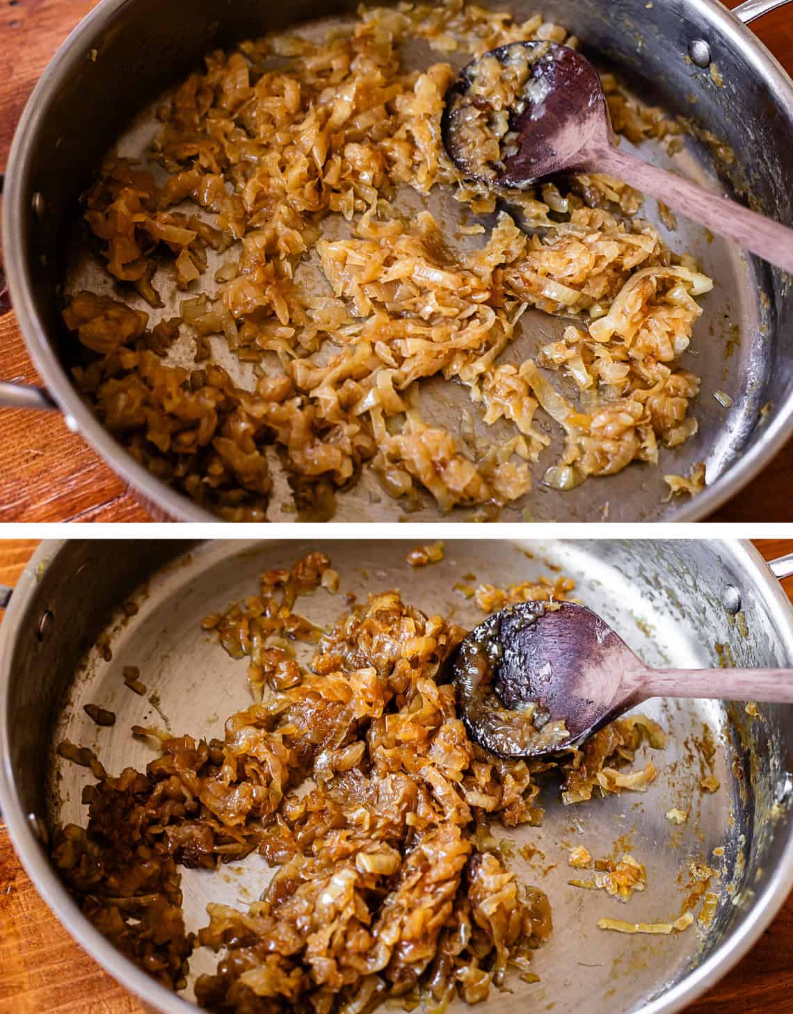 top: onions almost caramelized, bottom: finished onions in center of pan, even golden brown.