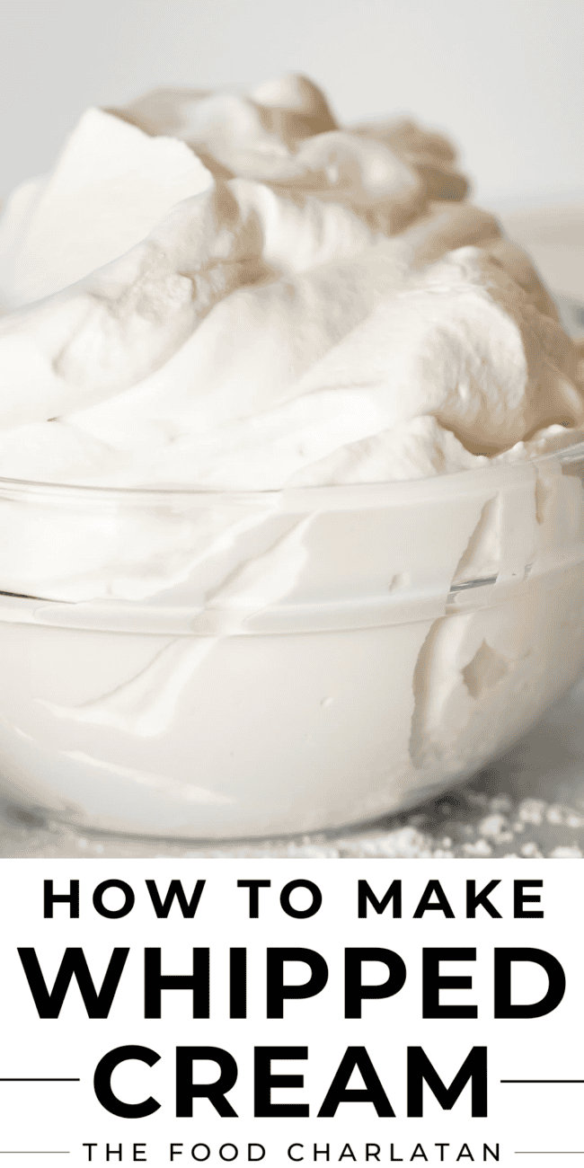pinterest image of bowl of whipped cream with text "how to make whipped cream".