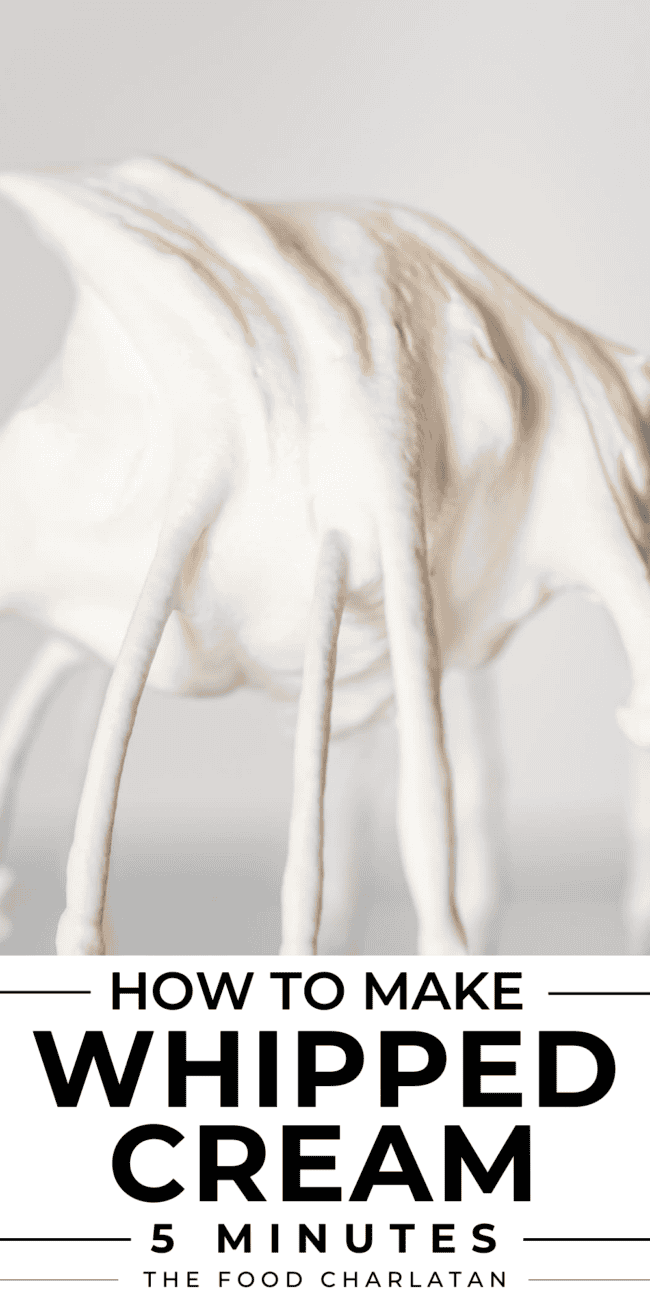 pinterest image of whipped cream with text "how to make easy whipped cream 5 minutes".