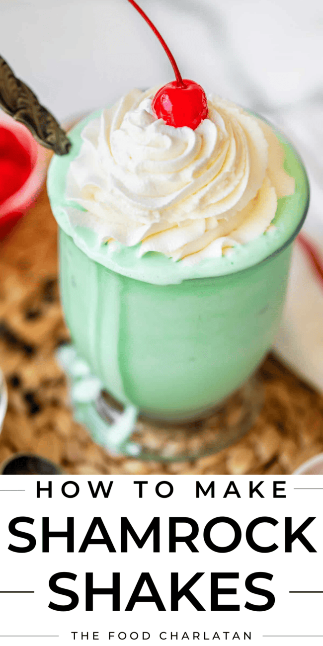 pinterest image of mint shake with text "how to make shamrock shakes".