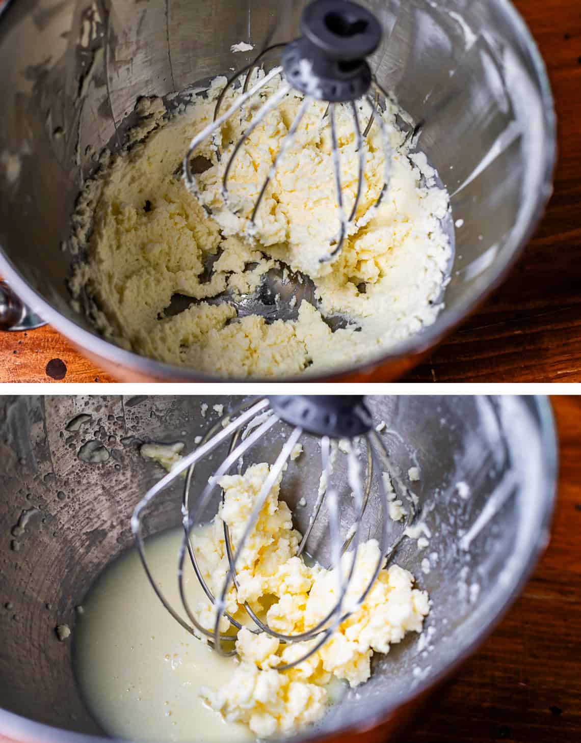 whipping cream too far so that it turns into butter in a metal bowl with a large whisk.