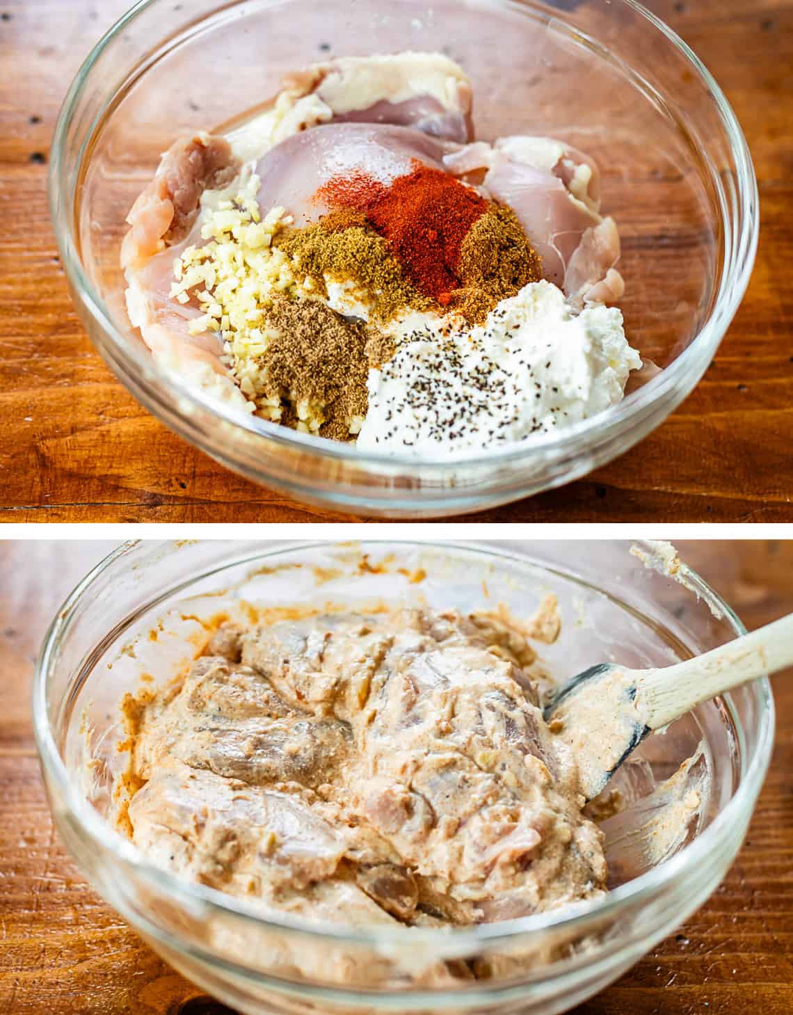 top: chicken with marinade ingredients piled on top, bottom: all stirred together.