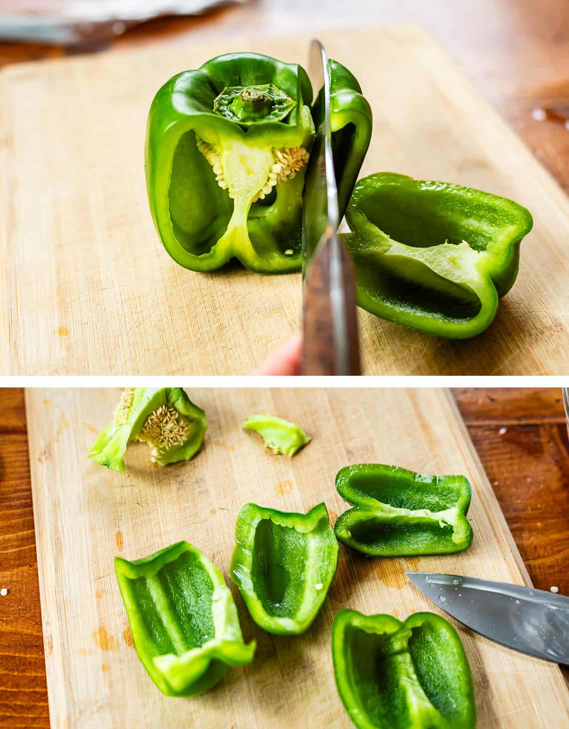 top: knife slicing through a bell pepper, bottom: 4 bell pepper pieces on cutting board.