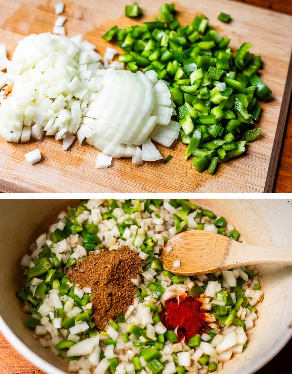 top: chopped onion and bell pepper on cutting board, bottom: veggies and spices in pan.