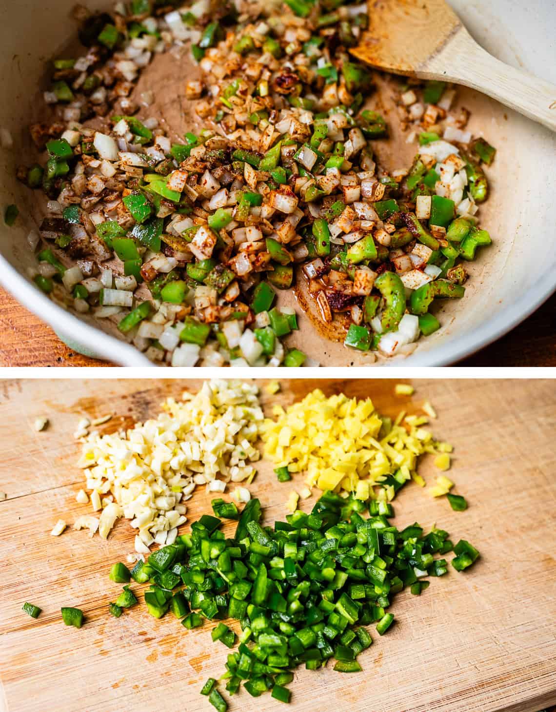 top: spices mixed into veggies in pan, bottom: ginger, garlic, jalapeno chopped on board.