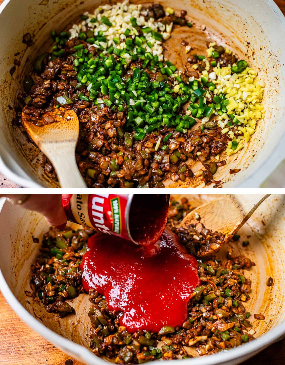 top: adding ginger etc to pan, bottom: tomato sauce being poured from a can into pan.