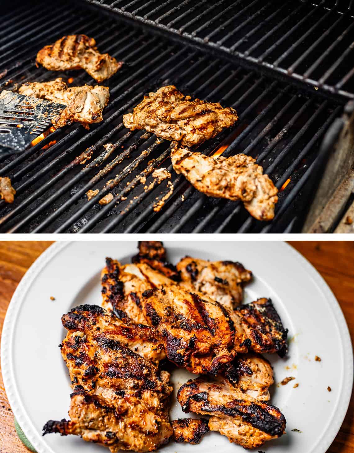 top: chicken thighs on a gas grill, bottom: grilled chicken on a plate.